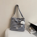 Blue and white striped canvas tote bag with wide strap and cloud plush pendant - Black With Cloud Pendant