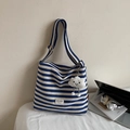 Blue and white striped canvas tote bag with a white cloud plush charm accessory - Dark Blue With Cloud Pendant