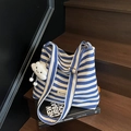 Blue and white striped canvas tote bag with adjustable strap and cloud plush charm - Blue With Cloud Pendant