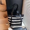 Minimalist black and white striped mesh tote bag with durable faux leather handles - Black