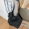 Chic black tote bag with lace trim and bow detailing in a stylish french aesthetic - Black