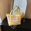 Striped tote bag in yellow and white mesh fabric with yellow PU handles and trim - Yellow