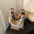 Colorful striped woven shoulder bag with leather straps and sunflower charm detail - Brown with Pendant