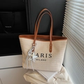 Bolso tote de tejido crema con asas de cuero marrón y detalle de colgante estrella - Con Colgante / Caqui