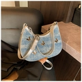 Light blue denim crescent bag with gold butterfly accents and silver shoulder strap - Sky Blue