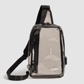 Detail of grey transparent chest bag with USB port and white logo on high quality PVC - Coffee Transparent