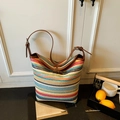 Rainbow striped woven bucket bag with brown leather strap and horn button detail - Brown No Pendant