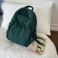 Minimalist deep green nylon drawstring backpack with large capacity and pleated front pocket - Green