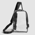 Close-up of waterproof transparent PVC chest bag with black zipper pocket and wide strap - Clear