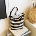 Black and white striped straw tote bag with leather strap and wooden horn button - Black without Pendant