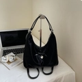 Black satin dumpling bag with bow and heart charm for versatile commuting - Black without Pendant