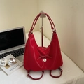 Red patent leather tote bag with bow and heart charm, stylish large shoulder bag - Wine Red Without Pendant