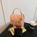Pink quilted crossbody mini bag with gold ball chain strap and turn-lock closure - Small Pink