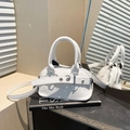 Mini white litchi leather shell handbag with silver hardware and shoulder strap - White