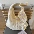 Cream crochet tote bag with woven mesh pattern and decorative floral bead charms - Beige With Charm