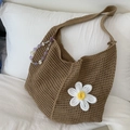 Brown knit tote bag with white daisy flower and purple beads in Korean style - Khaki with Pendant