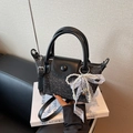 Vintage dark gray polka dot mini Boston bag with pearl lace bow charm accent - Black with Pendant