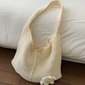 Off-white crochet knit tote bag with handmade flower detail for summer beach - Rice White (No Pendant)