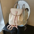 Pink woven straw backpack for women with PU leather trim and gold buckle closure - Pink