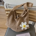 Brown crochet shoulder tote bag featuring a handmade white daisy flower detail - Khaki (No Pendant)
