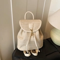 Creamy white woven straw backpack with synthetic leather trim and gold twist lock - White