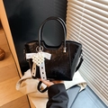 Glossy black pleated bucket bag with pearl heart charm and lace bow accessory - Black with Pendant