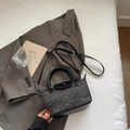 Retro grey wool texture mini Boston bag with black leather handle and crossbody strap - Black without Pendant