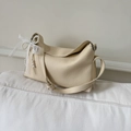 Creamy white lychee grain leather dumpling bag with lace bow and pearl charm accents - White (With Pendant)