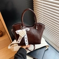 Dark brown pleated bucket bag with pearl heart charm and elegant ribbon detail - Coffee with Pendant