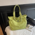 Large bright green nylon tote bag with drawstring details and fashion patch on front - Green