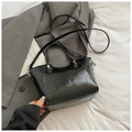Fashionable black glossy leather bucket bag with top handles and logo embossing - Black without Pendant