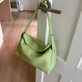 Minimalist light green lychee leather shoulder bag with bow knot strap and flap closure - Green (No Pendant)