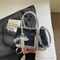Dark blue denim bucket bag with silver trim and pearl lace bow charm detail - Royal Blue with Pendant
