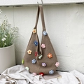 Handmade brown knit tote bag with colorful 3D crochet flowers and dual knit handles - Brown