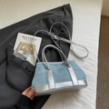Light blue glitter denim bucket bag with silver metallic trim and adjustable strap - Light Blue Without Pendant