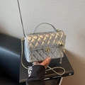 Silver quilted small square bag with gold chain strap and metallic finish - Silver