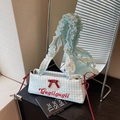 Blue plaid pleated handbag featuring red bow and heart embroidery with ruffled handle - Blue