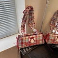 Pleated red and blue checkered shoulder bag with heart patch and bow detail - Burgundy