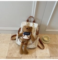 Detail of cream backpack featuring brown bear prints and a plush teddy bear charm - With Pendant / Khaki
