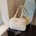 White shoulder bag with pink bow embroidery and Gugiigugii lettering for women - Off White