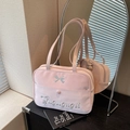 Pink ribbon embroidery shoulder bag with bow and silver letter stitching detail - Pink