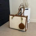 Large cream and brown tote bag with FG flower pattern and round coin purse attachment - White and Brown
