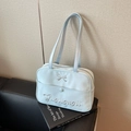 Light blue large bow shoulder bag with silver Gugiigugii letter embroidery detail - Blue
