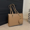 Brown tote bag with floral monogram texture and matching round coin purse accessory - Brown