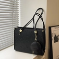 Elegant black embossed faux leather tote bag with clover patterns and mini coin purse - Black