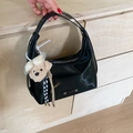 Black patent leather crescent tote bag with cute teddy bear charm and metal emblem - With Charm / Black