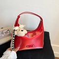Metallic red hobo bag with pearl chain, ribbon, and plush dog pendant charm accessory - With Charm / Red