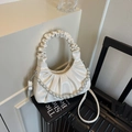 Creamy beige ruched cloud bag with pearl chain and glossy PU leather finish - Off-white