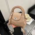 Beige quilted crossbody bag with silver lock and textured leather, stylish handheld purse - Khaki