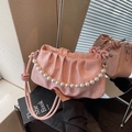Pink pleated cloud shoulder bag with large pearl chain and elegant leather strap - Pink